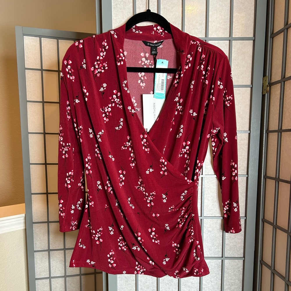 NWT StitchFix 41 Hawthorn Burgundy Floral Wrap Blouse - Picture 1 of 4
